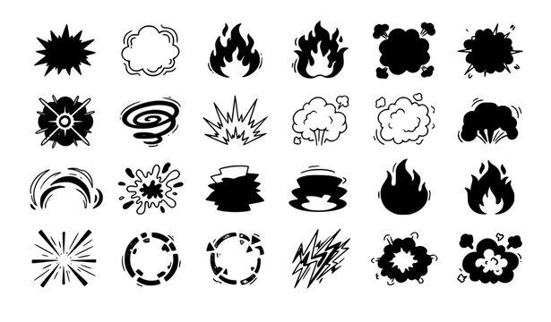 Cartoon explosion doodle vector set with comic blasts bursts flames smoke and dynamic impact effects