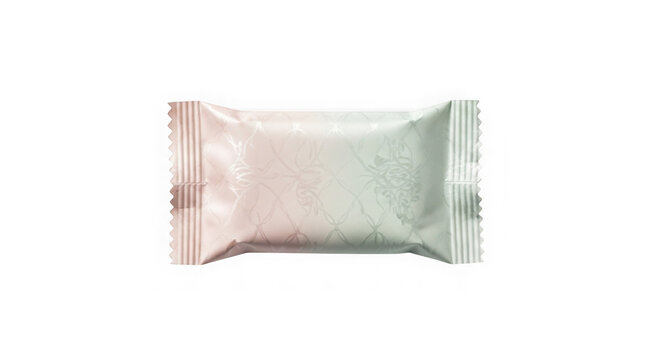 Empty silver foil candy wrapper on white background. Shiny metallic packaging for chocolate or confectionery products isolated cutout.