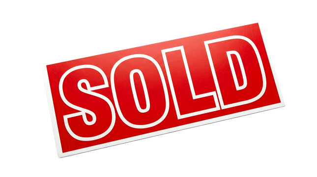 Red sold sign sticker isolated on white background, real estate sold banner, commercial retail sale graphic