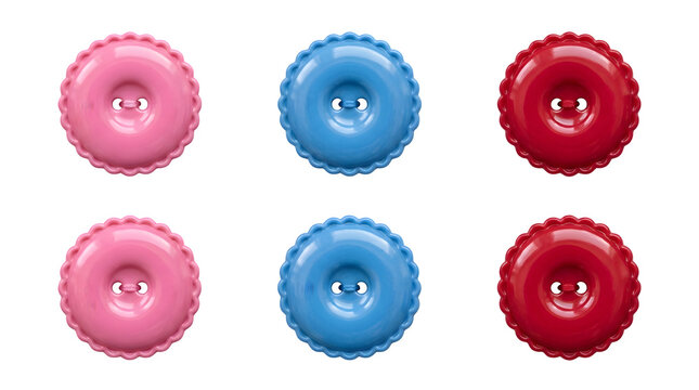 Glossy plastic buttons in pink, blue, and red, colorful round sewing fasteners, vibrant craft accessories on white background