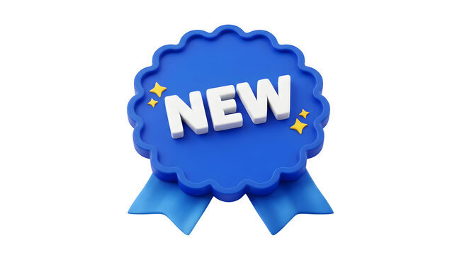 Blue 3D ribbon badge with new text, glossy promotional sticker icon, retail marketing label for product launch