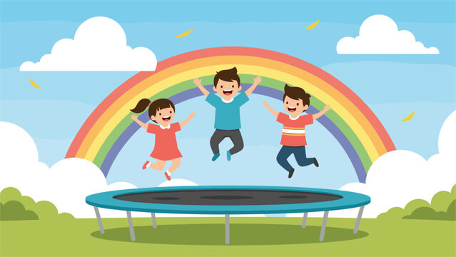 Three happy cartoon children jumping high on a large trampoline with a beautiful rainbow in the background.