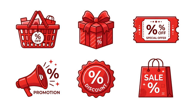 Red shopping sale icons set, retail discount promotion badges, commercial marketing design elements on white background