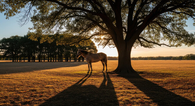 A serene light-colored horse stands peacefully under the expansive branches of a large oak tree within a vast golden meadow during the warm, glowing hour of a beautiful late afternoon sunset scene.