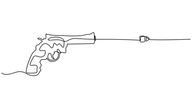 short gun with bullet fire animation continuous one line drawing, Animated self drawing of single continuous line draw Revolver. police gun vector illustration, Gun, weapon, handgun icon. Bullet pro.