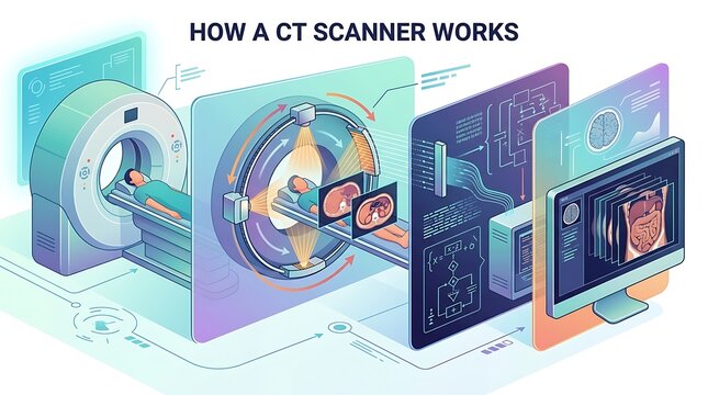 Isometric infographic showing how a ct scanner works