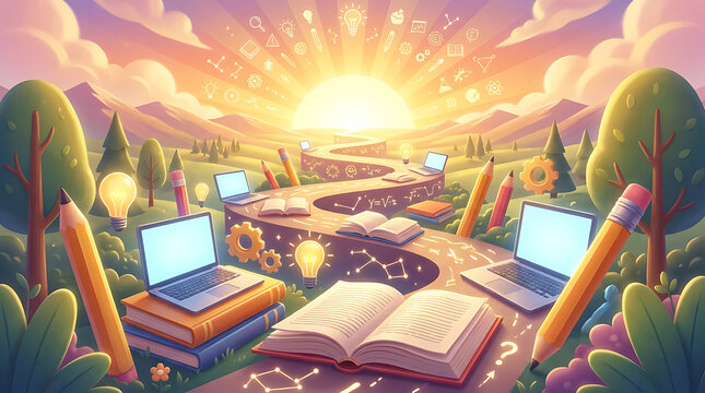 Stylized path leading to bright sun over landscape featuring laptops open books pencils and lightbulbs for e-learning.