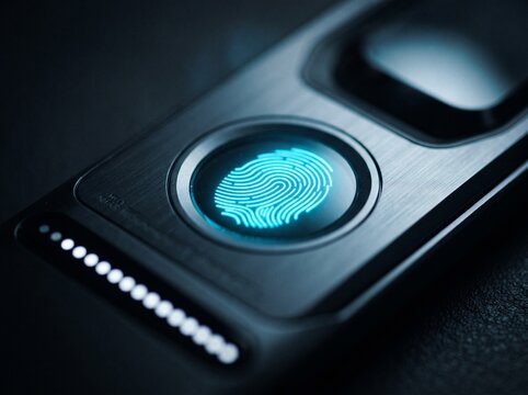 A glowing blue fingerprint icon illuminates a modern biometric security scanner device surface.