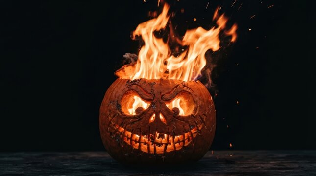 Carved Halloween Pumpkin Erupting Fire Flames