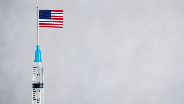 American flag and syringe concept representing United States vaccination, healthcare policy, immunization programs, medical access and public health awareness