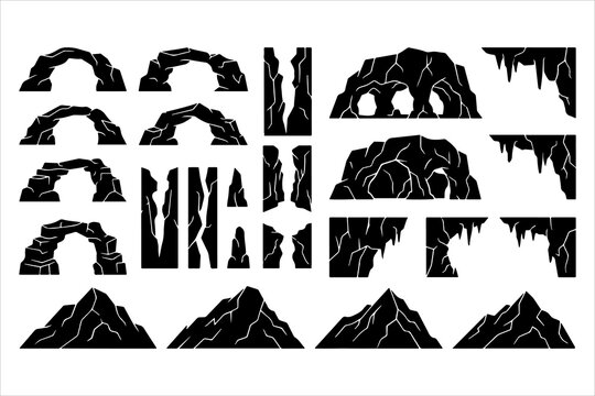 Black silhouette collection of mountain rock formations stone arches and cave entrance vector icons