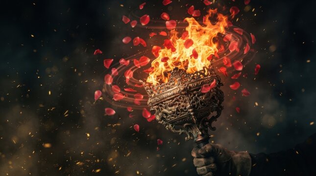 Ancient Burning Torch with Flying Petals Flame