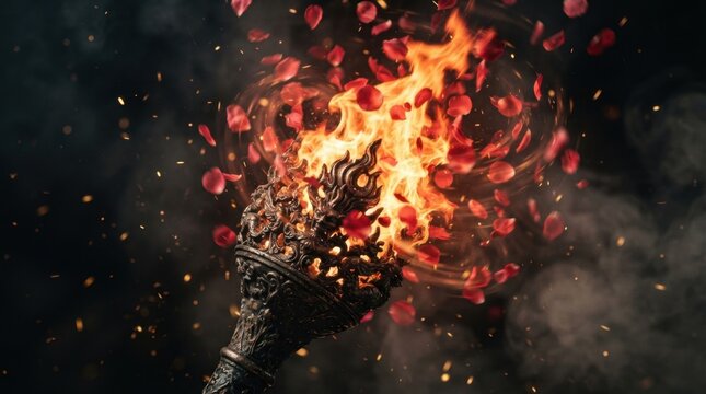 Ancient Flaming Torch with Red Petals Flying