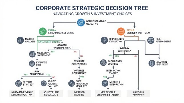 Corporate strategic decision tree analysis. Business planning and management visualization.