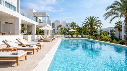 Fototapeta premium Swimming pool surrounded by lounge chairs at a luxury resort.