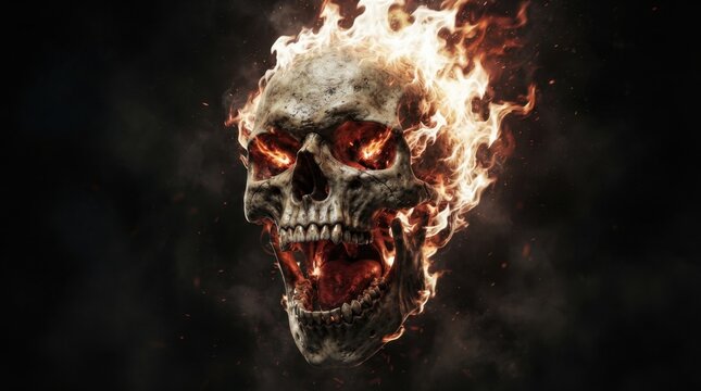 Roaring Flaming Skull Erupting Fire in Dark