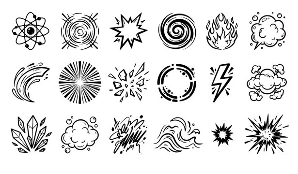 Abstract cartoon explosion and energy effect vector set with atomic bursts shockwaves comic doodles and flame shapes