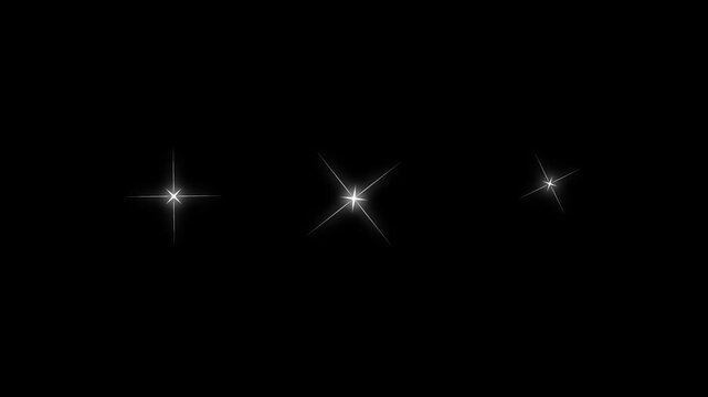 Glowing star effect animation in 4k loop displaying sparkling golden dust and twinkling light rays on a dark black screen background for festive abstract project overlays.