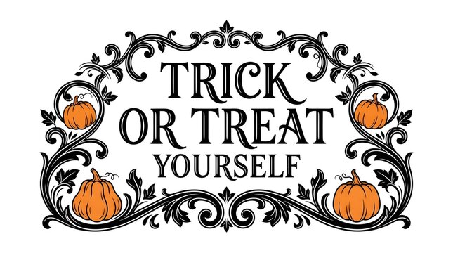 Vintage halloween decoration with pumpkins and the phrase trick or treat yourself
