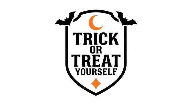 Vintage halloween shield with bats and crescent moon reading trick or treat yourself
