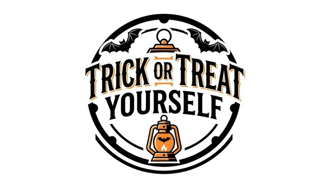 Vintage style circular badge with text trick or treat yourself and lantern illustrations