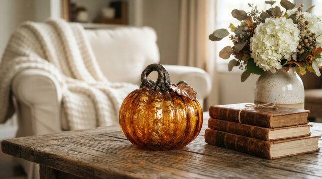 Sparkling Golden Glass Pumpkin on Living Table