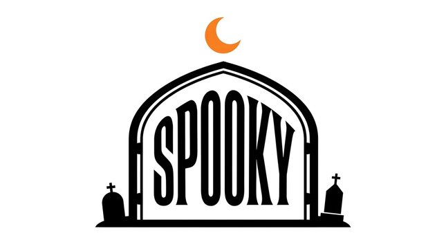 Vintage halloween design with spooky lettering arched over a graveyard scene and crescent moon