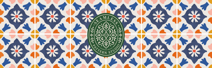 Plakat Mediterranean tile. Seamless pattern. Vector illustration of floral Italian tiles and mosaics, geometric ornament, Amalfi ceramics for background, fabric, packaging, textile or wrapping