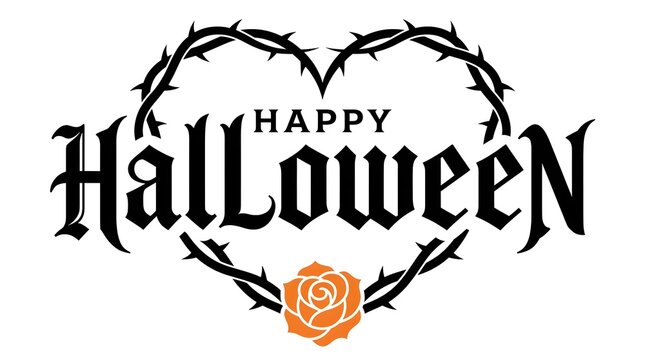 Happy halloween gothic lettering with heart shaped thorns and pumpkin illustration
