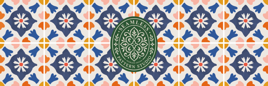 Mediterranean tile. Seamless pattern. Vector illustration of floral Italian tiles and mosaics, geometric ornament, Amalfi ceramics for background, fabric, packaging, textile or wrapping