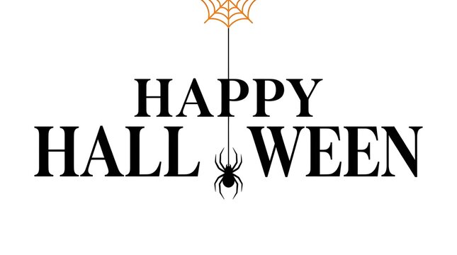 Happy halloween text with a small spider illustration on a white background
