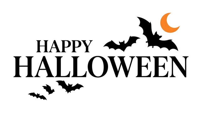 Happy halloween text with bats and crescent moon on a white background