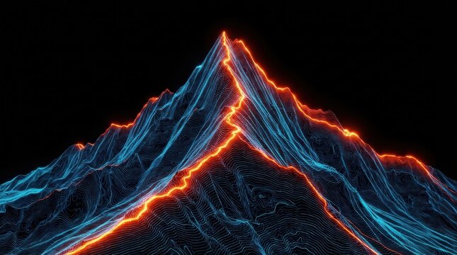 3D Wireframe Mountain Peak with Red Lava