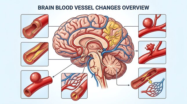 Anatomy illustration of human brain and blood vessel pathologies