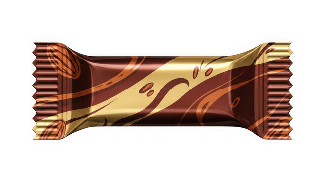 Golden chocolate bar wrapper with foil texture and swirl design. Luxury confectionery packaging for premium candy and dessert branding.