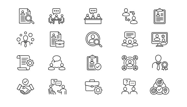 Human resources and job recruitment line icon set with cv review team meeting panel discussion candidate interview profile qualification competence vector illustration