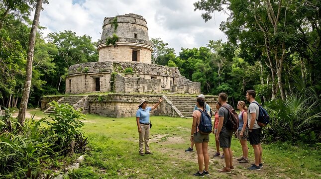 Female tour guide explaining history of ancient ruins to travelers