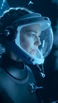 Vertical video: Camera focusing woman diver in clear helmet and dark suit tracking motion in cavern