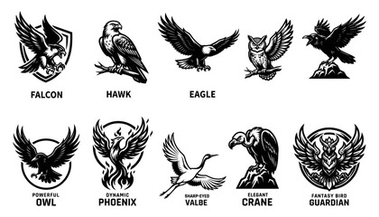 Naklejka premium Bird Emblems Set with Falcon, Hawk, Eagle, Owl, and Other Avian Designs