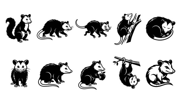 Opossums Set in Various Poses, Including Standing, Walking, and Sleeping