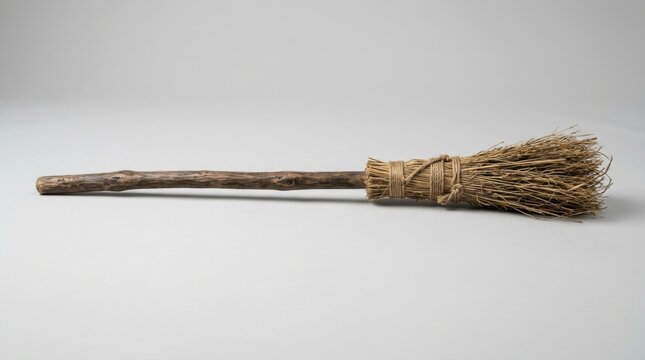 Vintage Straw Besom Broomstick Isolated White Background
