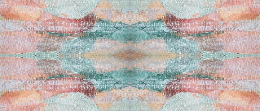 Abstract oil painting featuring textured pastel brushstrokes with symmetrical patterns on a rough canvas fabric surface