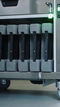 Vertical video: Showing tool cart on casters showing green light in tech bay, holding black modules