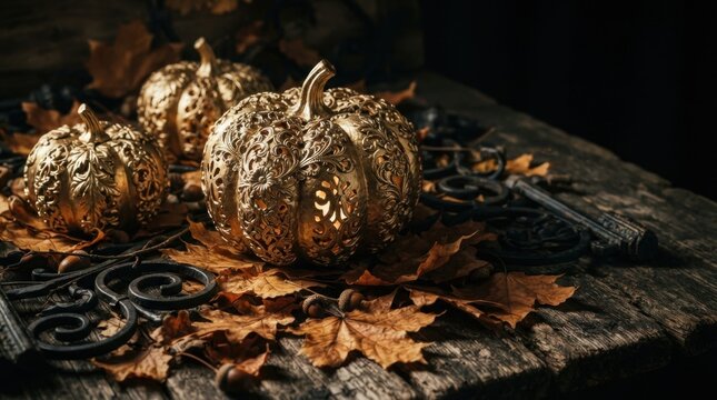 Golden Glitter Pumpkins on Autumn Leaves Wood