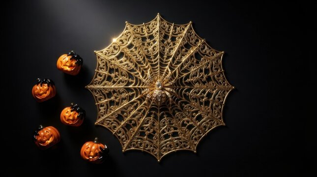 Golden Spider Web Umbrella and Mini Pumpkins