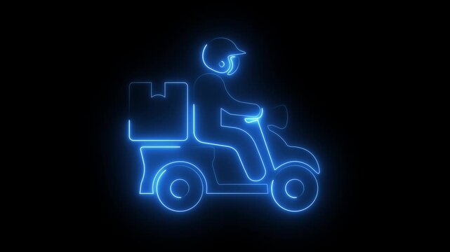 Glowing blue neon courier motorcycle delivery icon scooter transport symbol dark background.
