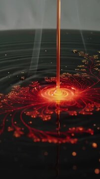 Vertical video: Falling molten copper stream feeding cone mound on dark basin, forming ripples