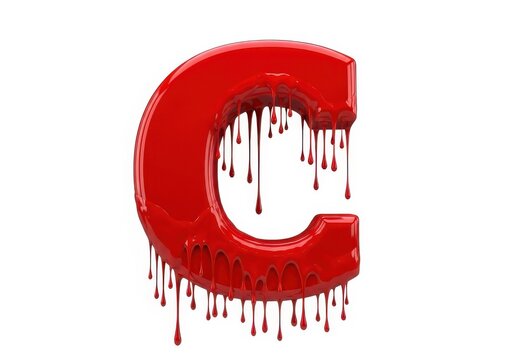 Red Glossy Letter C With Dripping Liquid Effect Isolated For Typography Design