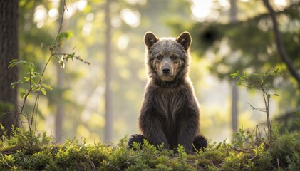 Fototapeta premium A cute brown bear cub sitting in a forest. A sunlit background. Natural habitat. Wildlife in nature, AI generated