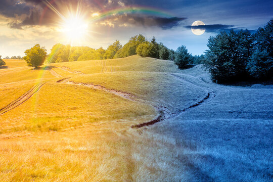 mountainous countryside landscape in late summer at night. full moon over alpine meadow and beech forest on top of a hill. mountain ridge in the distance. mysterious fantasy